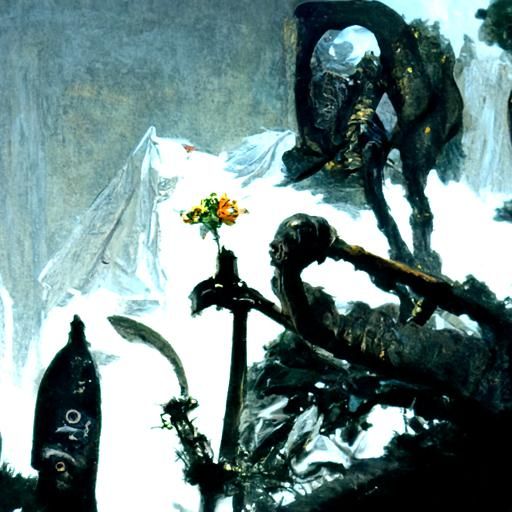 Still Life: Condom, Flowers, Sword in Horror Style