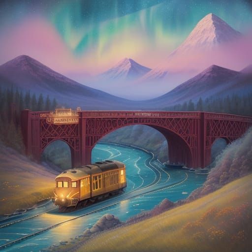 Whimsical Train Chugs Across Vibrant Northern Lights Sky