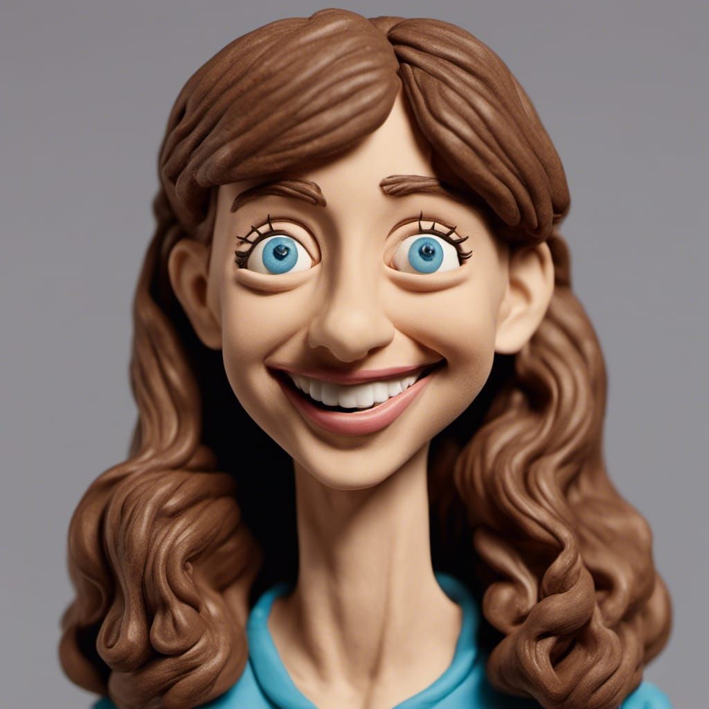 Claymation Lauren Lapkus, smiling, closeup of face, plasticine, intricate detail, 8K resolution