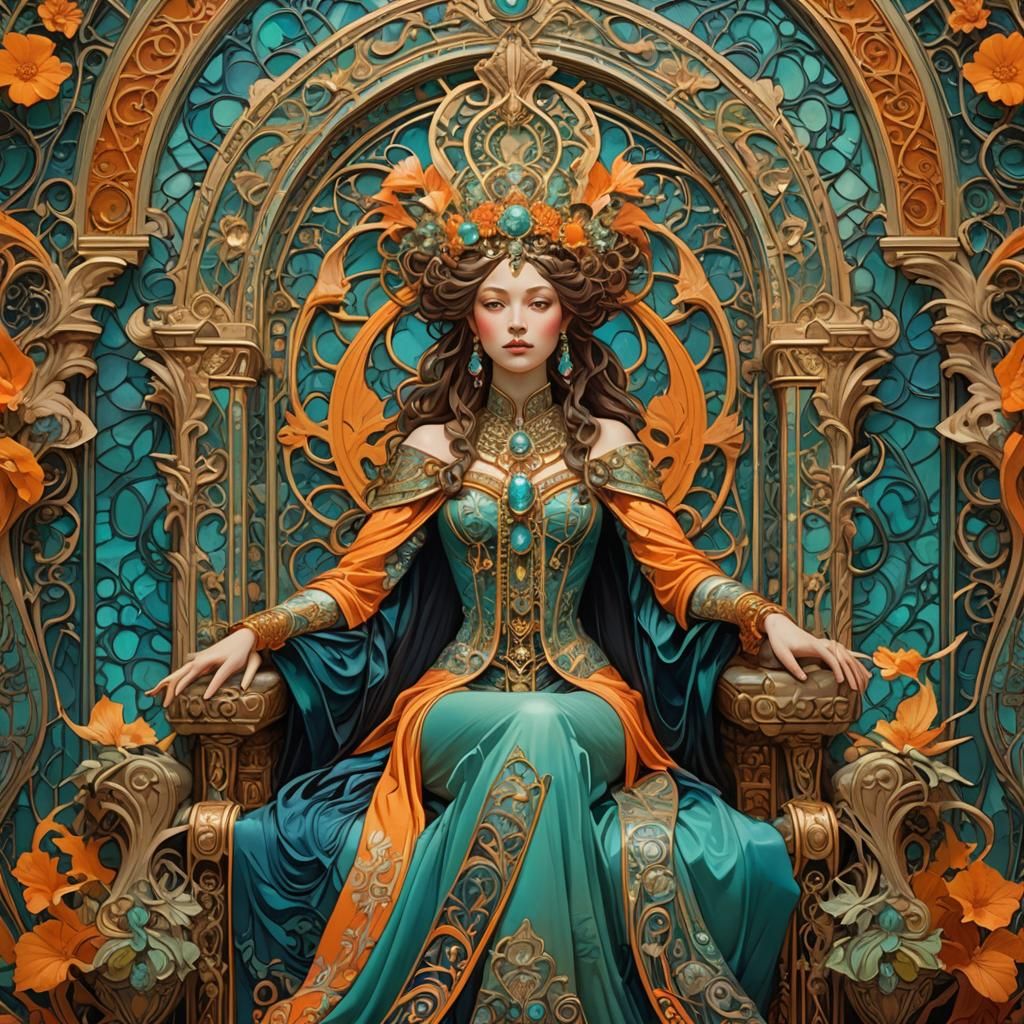 Regal Queen in Imperial Art Nouveau Throne Room
