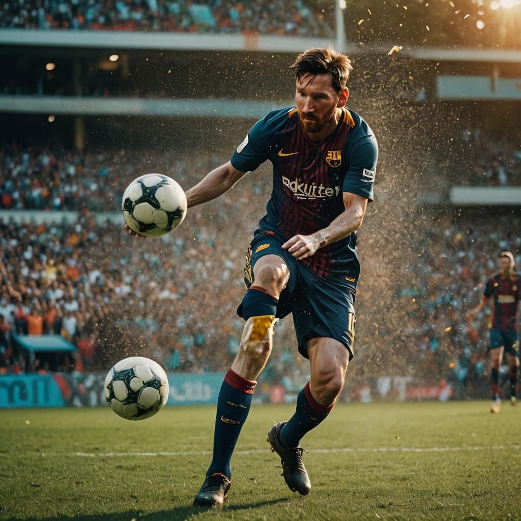 Lionel Messi Kicking Soccer Ball: Cinematic Still