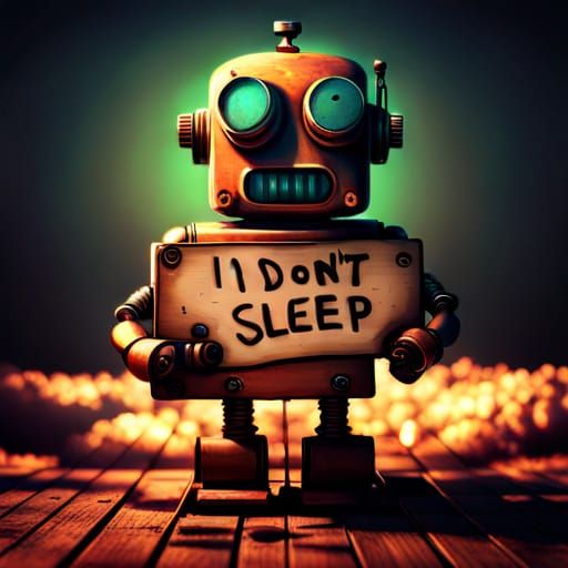 Robot holding a sign "I don't sleep"