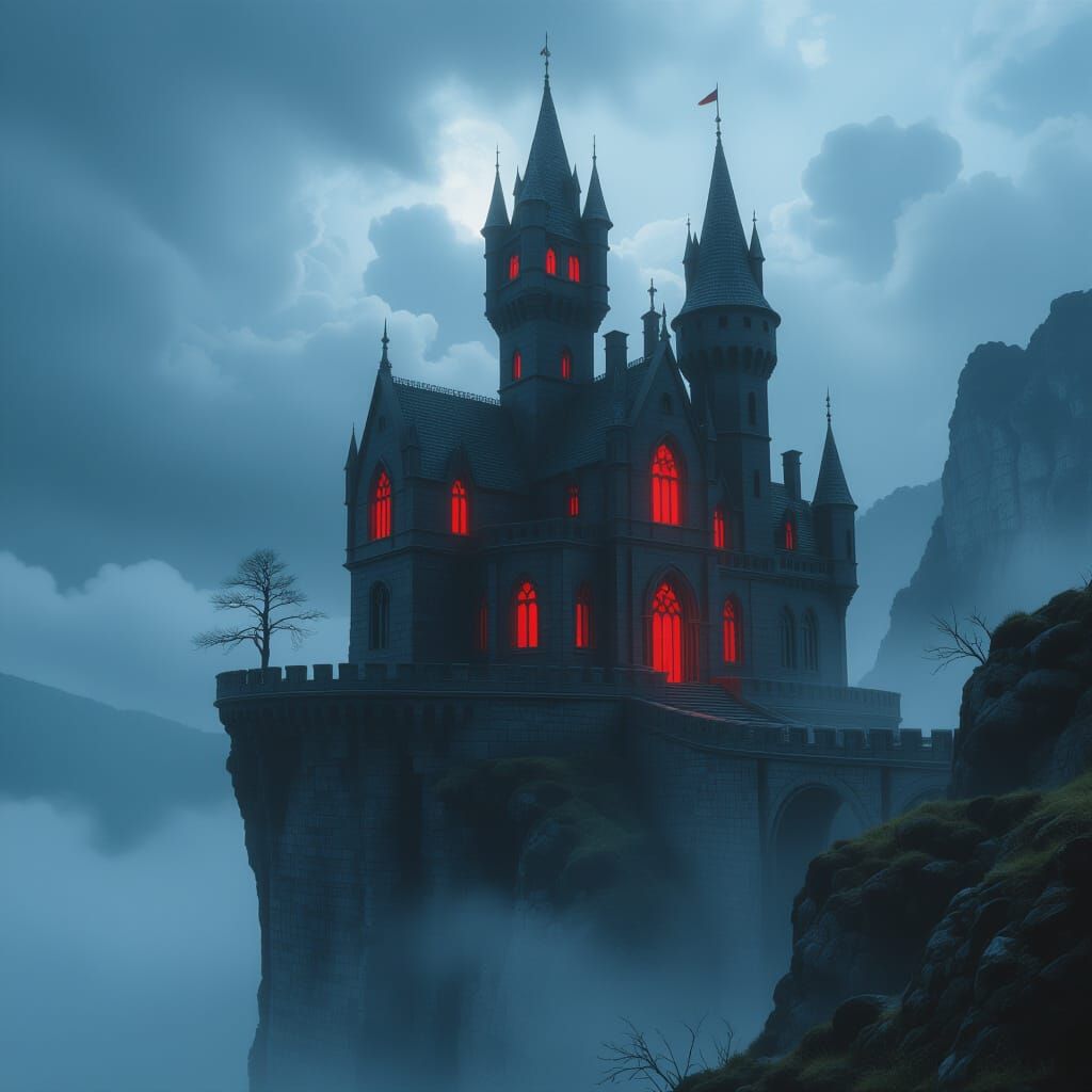 Gothic Vampire Castle in Stormy Mist