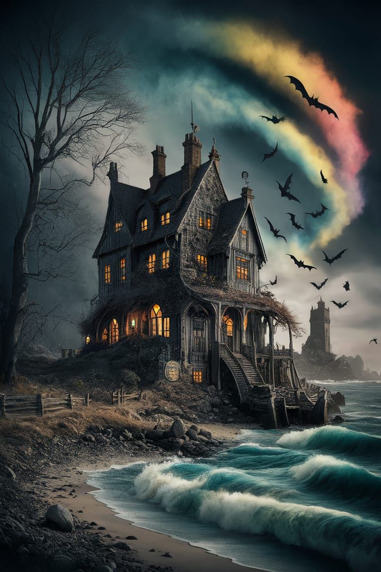 Spooky Coastal Village in Colorful Assemblage Art Style