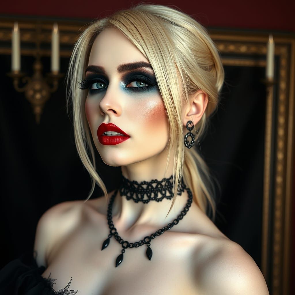 Gothic Woman with Platinum Hair and Bold Makeup