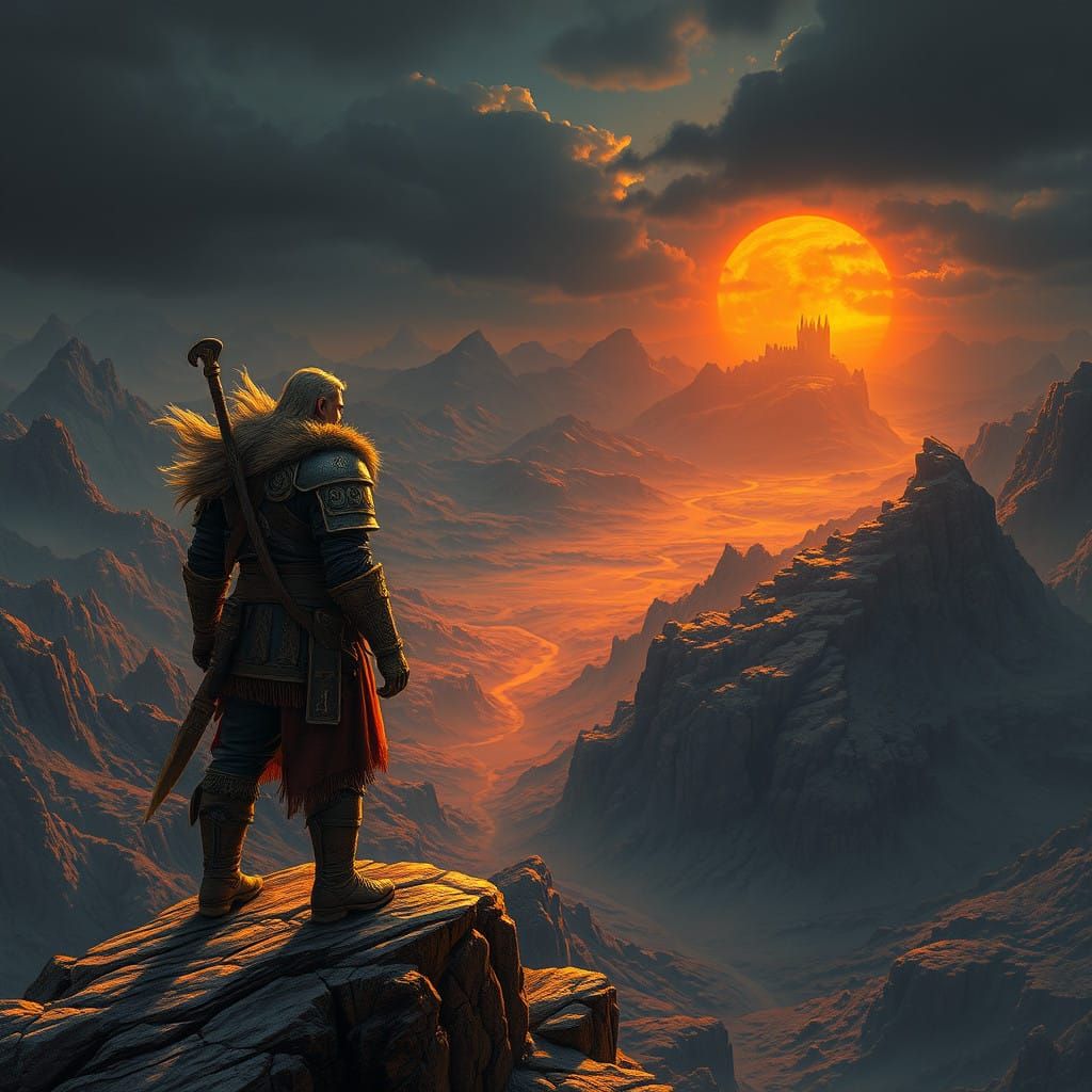 Warrior in Futuristic, Neon-Lit Landscape