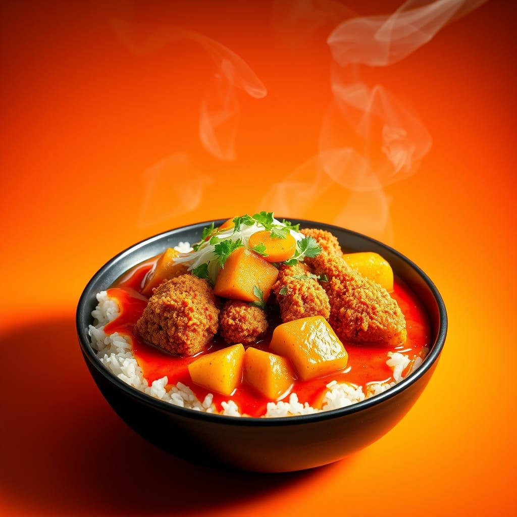 Vibrant Japanese Curry on Rice in Minimalist Pop Art Style