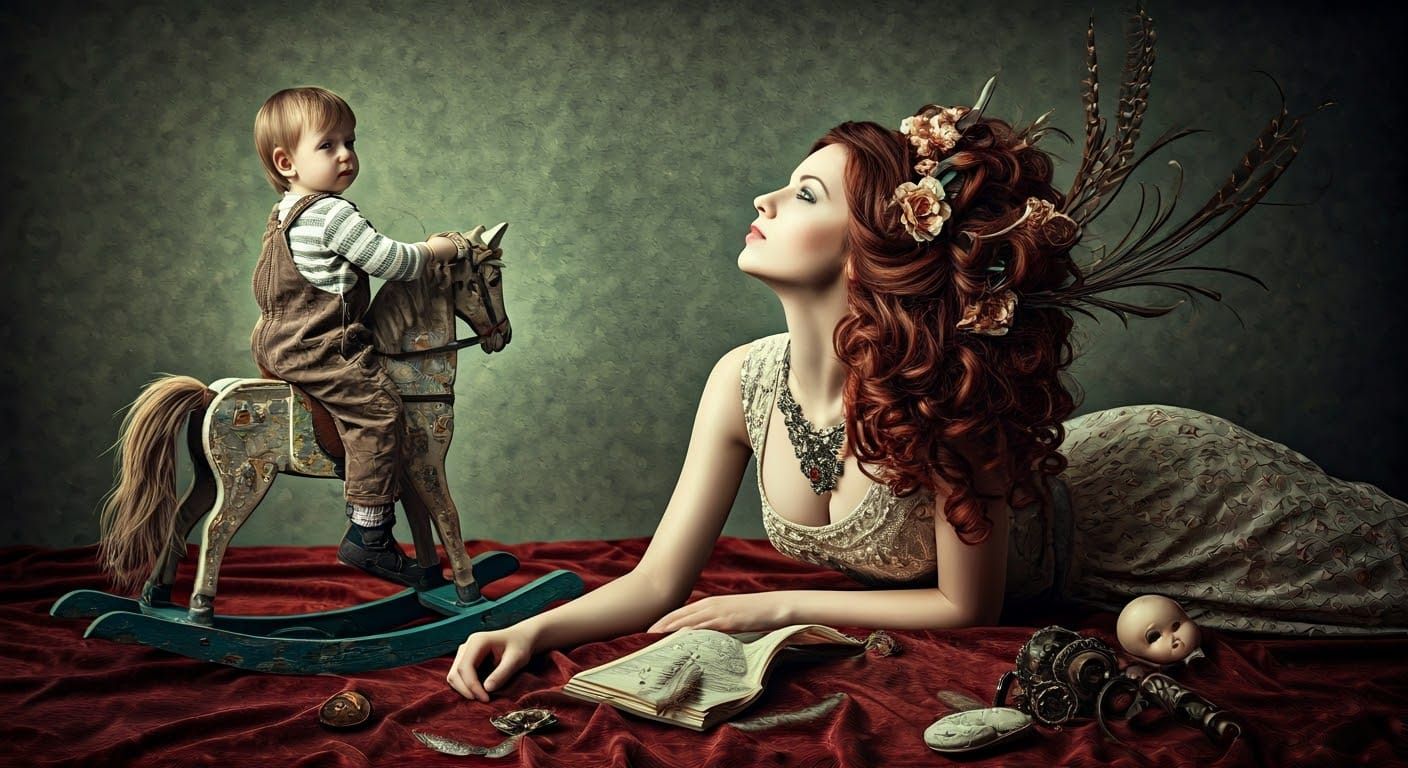 Whimsical Scene of Childhood Wonder in a Forgotten Era