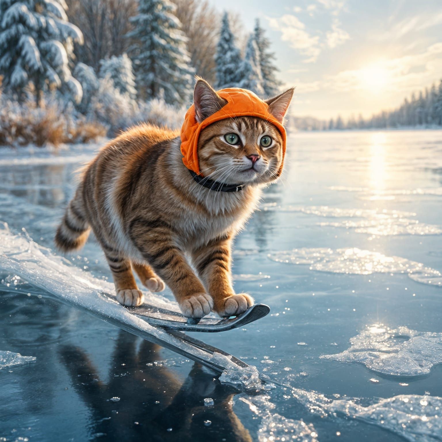 Hyperrealistic Cat Speed Skating on Frozen Lake