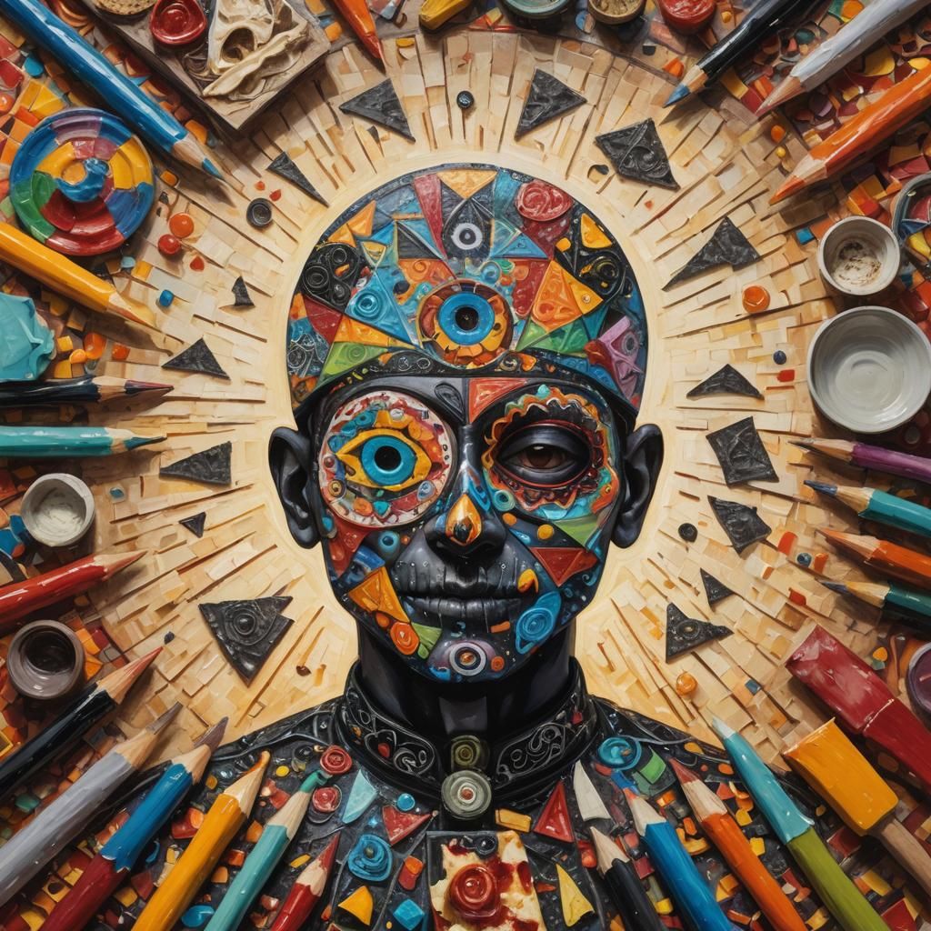 Cubist Pizza Chef in Surreal Dia De Los Muertos Scene