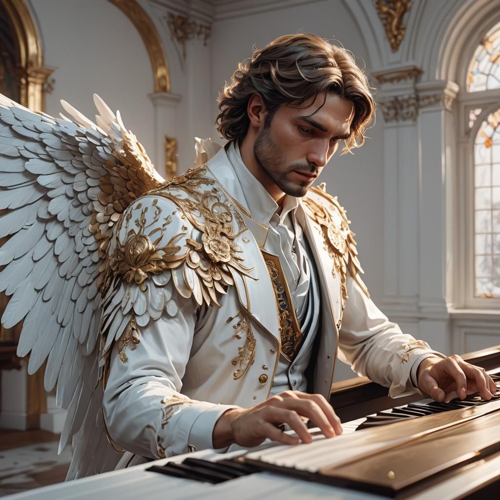 Angel Playing Piano: Detailed Fantasy Art Portrait