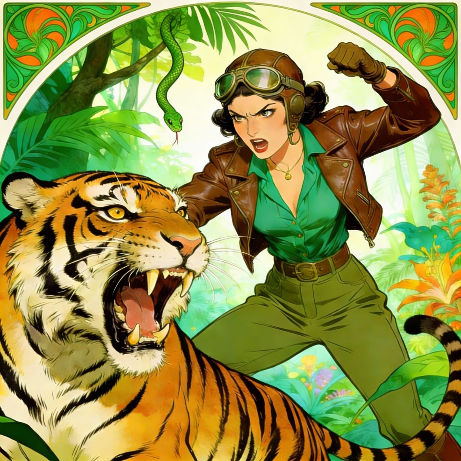 Art Nouveau Jungle Scene With Orange Accents