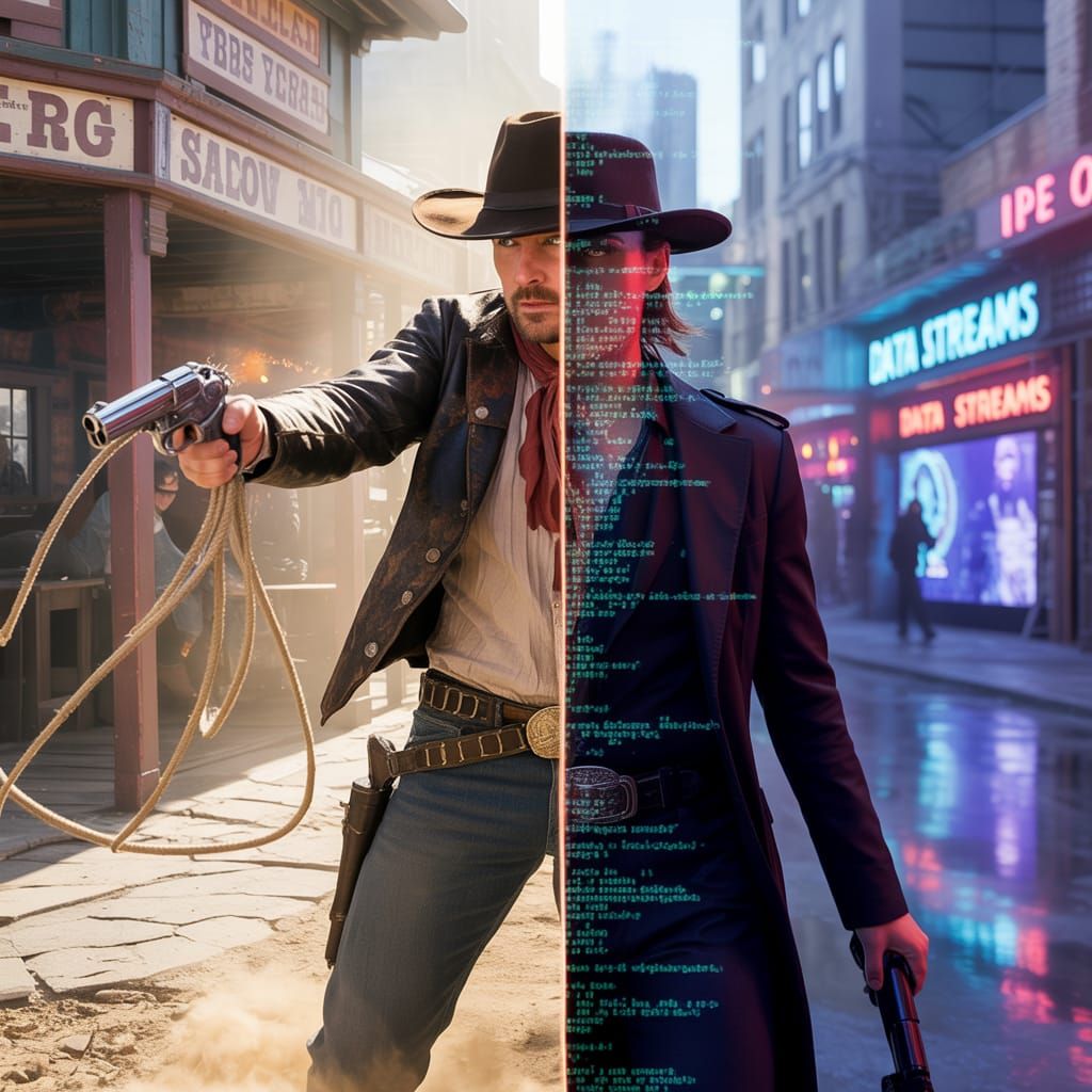 Wild West Cowboy Meets Cyberpunk Cityscape