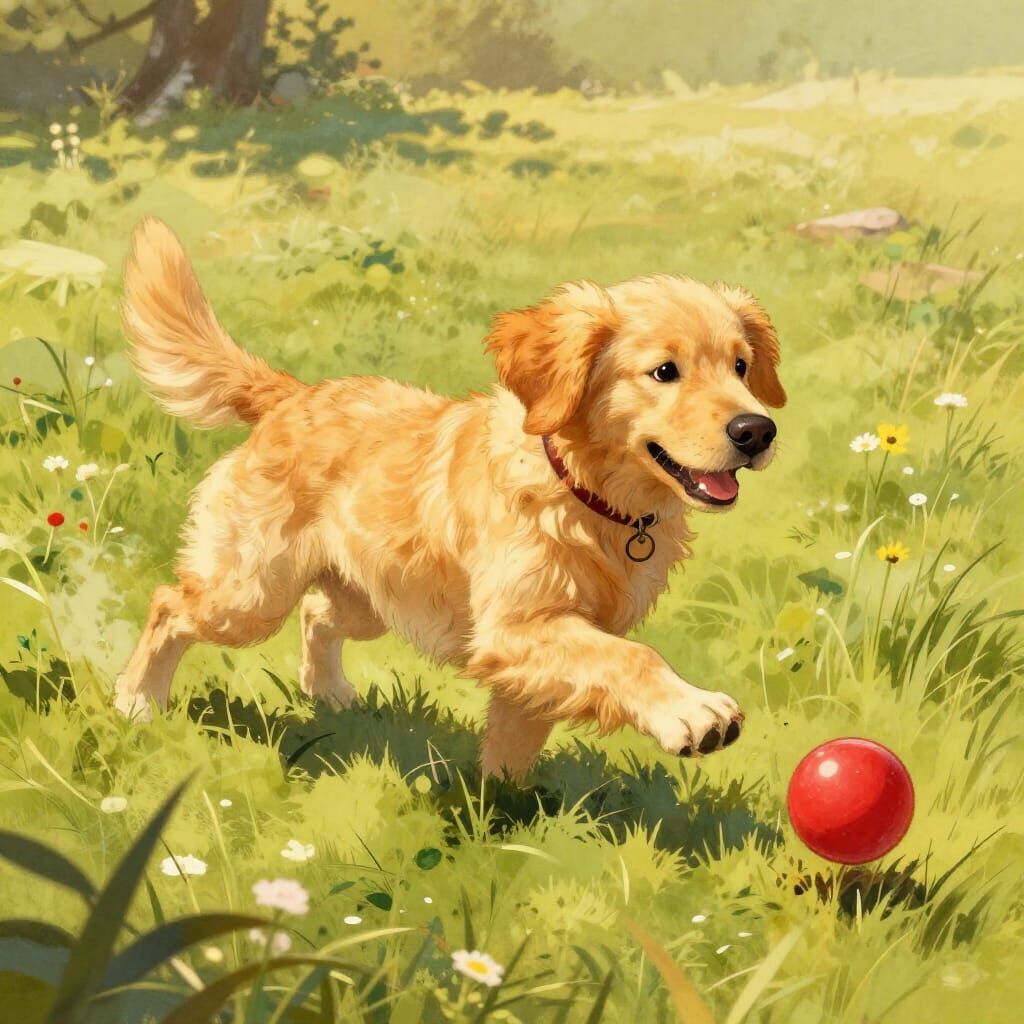 Whimsical Golden Retriever Chasing Ball in Meadow