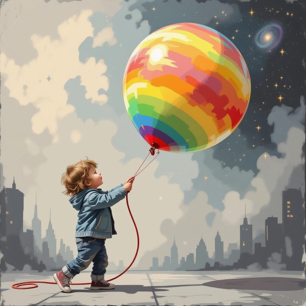 Child Inflating Planet Balloon with Charcoal Cityscape