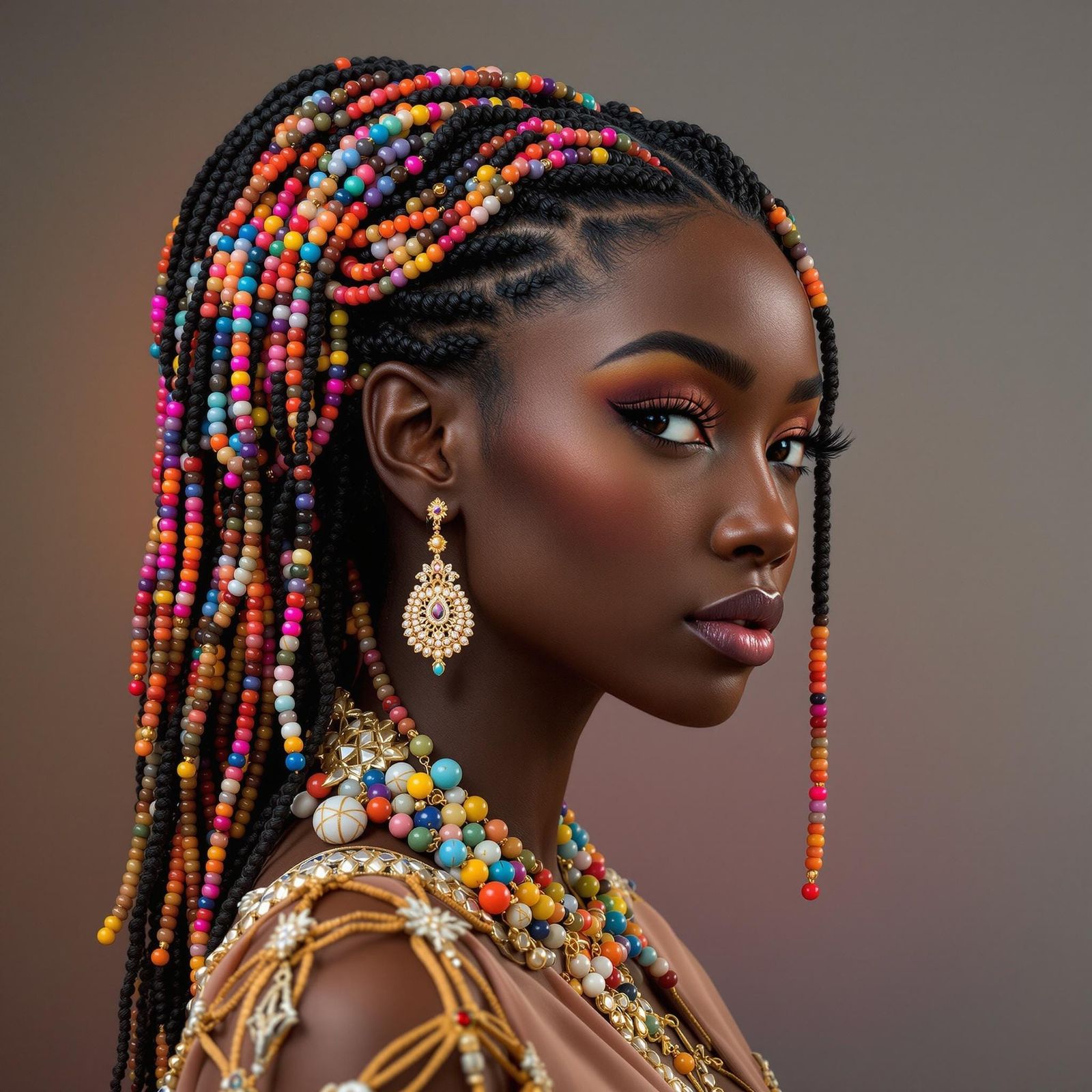 Braided Lady Portrait with Beads in Photorealistic Style