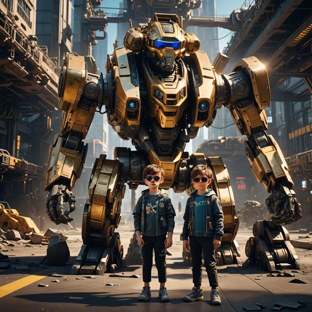 Child and Giant Mech in Sci-Fi Setting