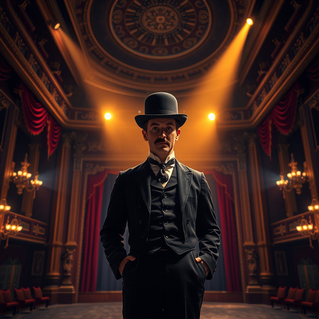 Chaplin Impersonator on Ornate Stage in HDR