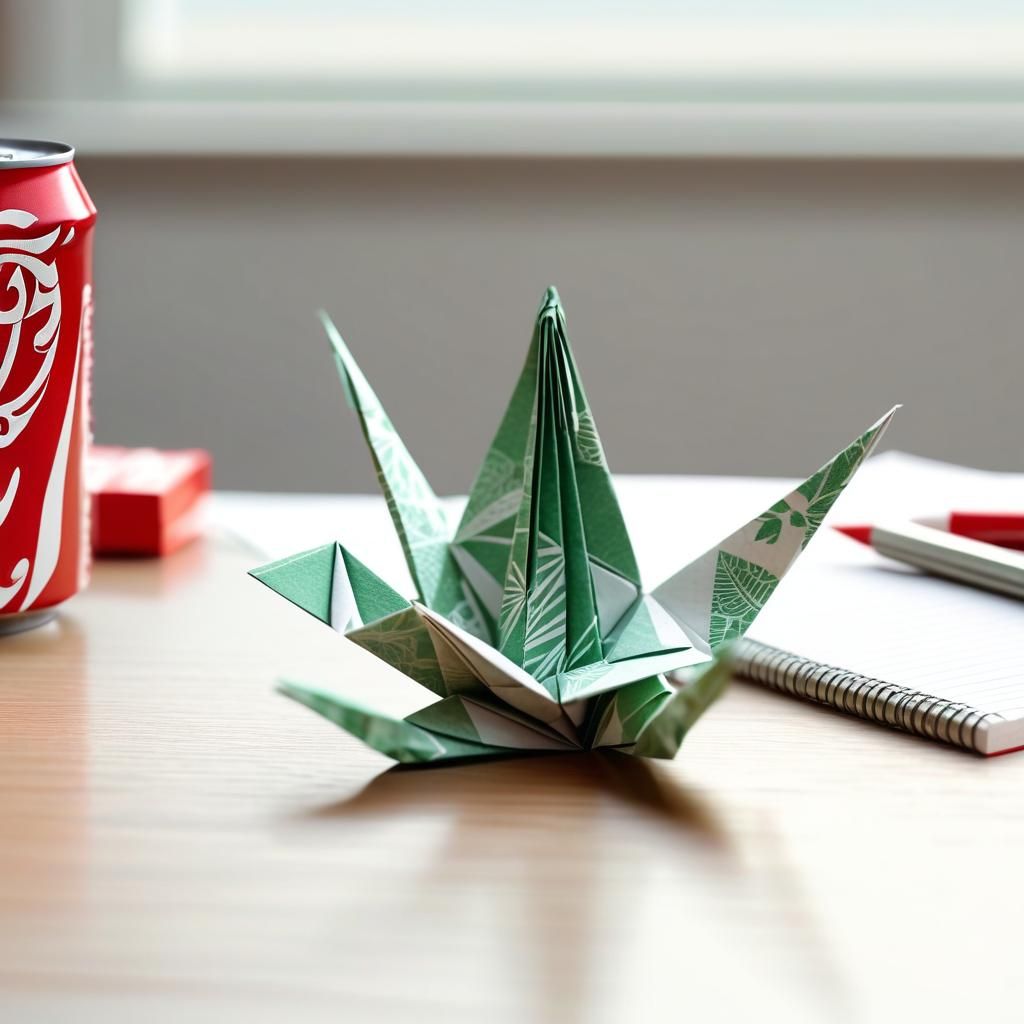 Intricate Origami Paper Crane and Coca Cola Can