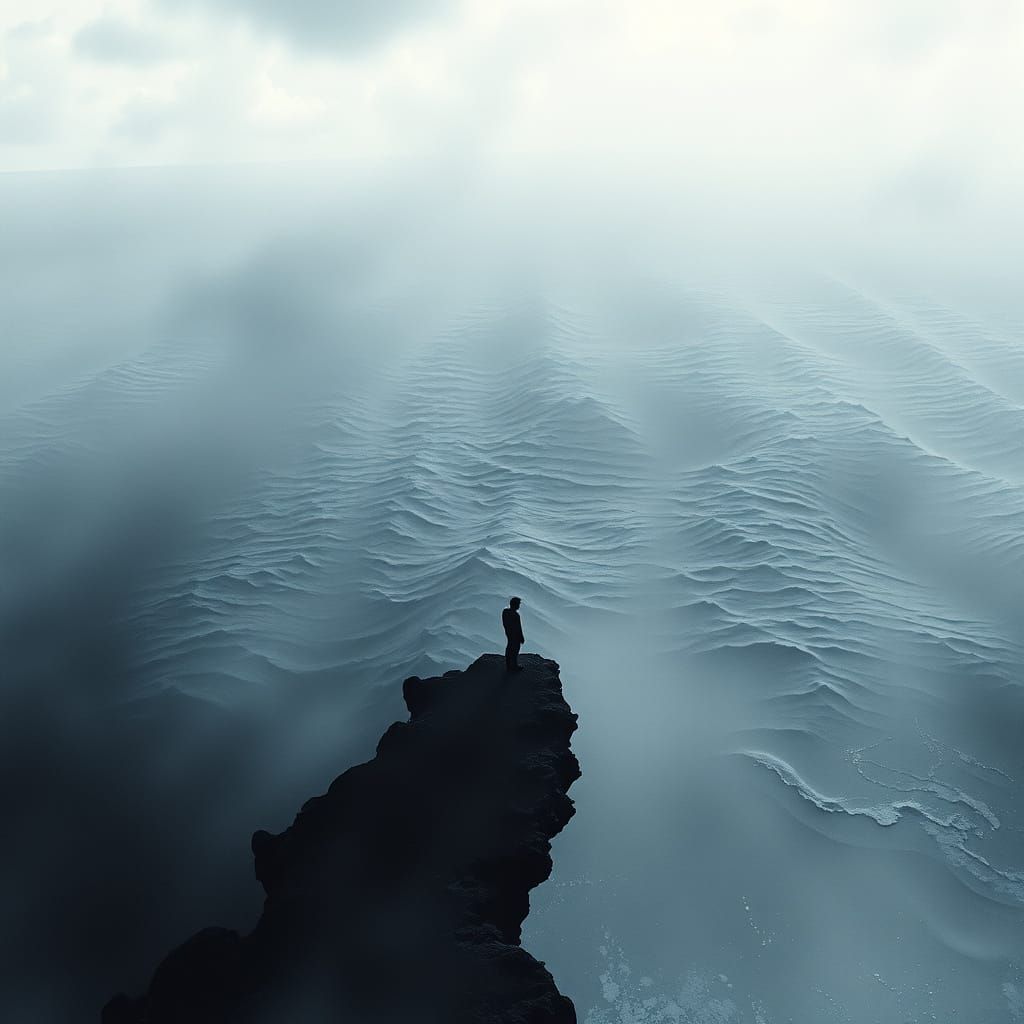 Surrealist Figure Stands at Edge of Dark Ocean