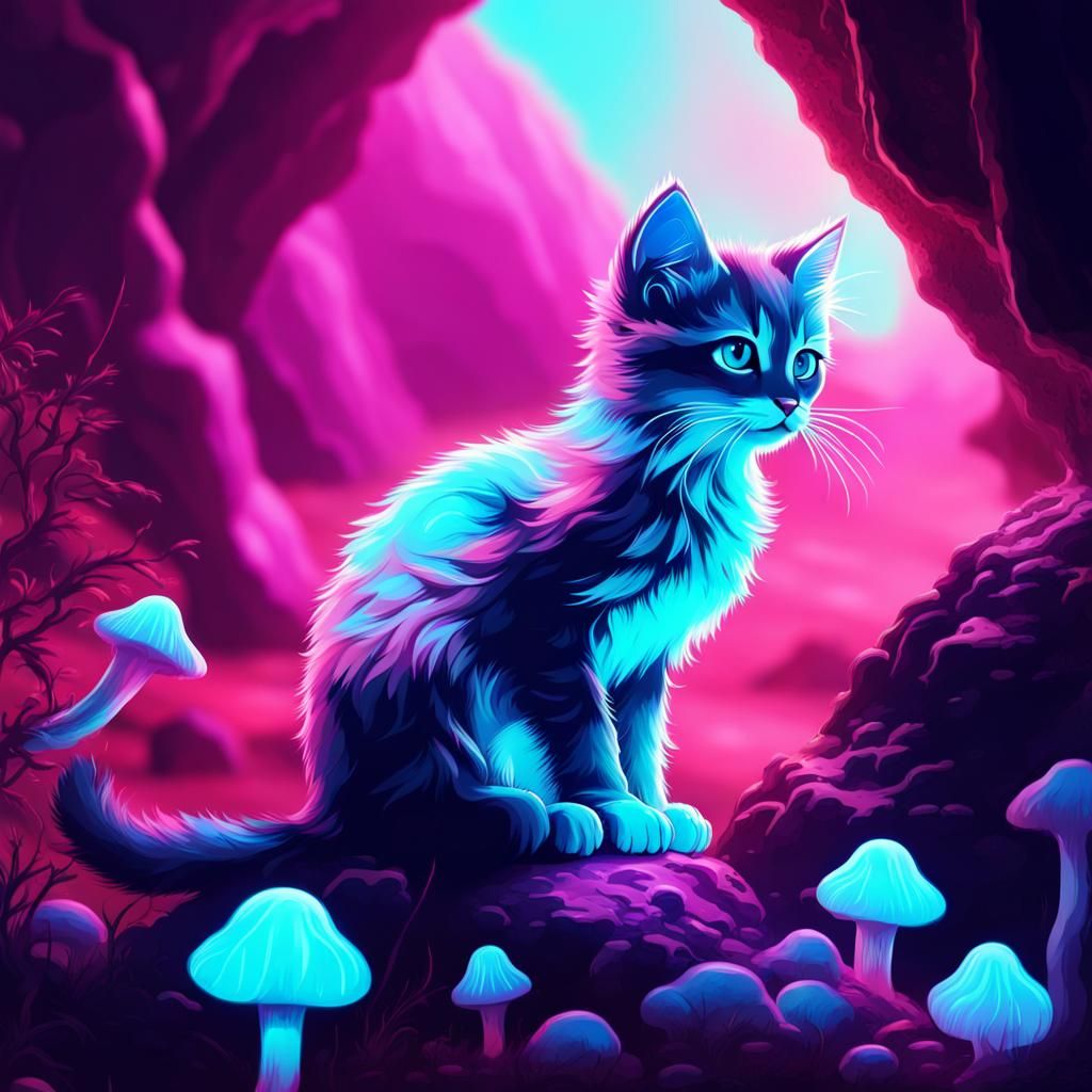 Bioluminescent Kitten in Mushroom Cave: Retro Neon Art
