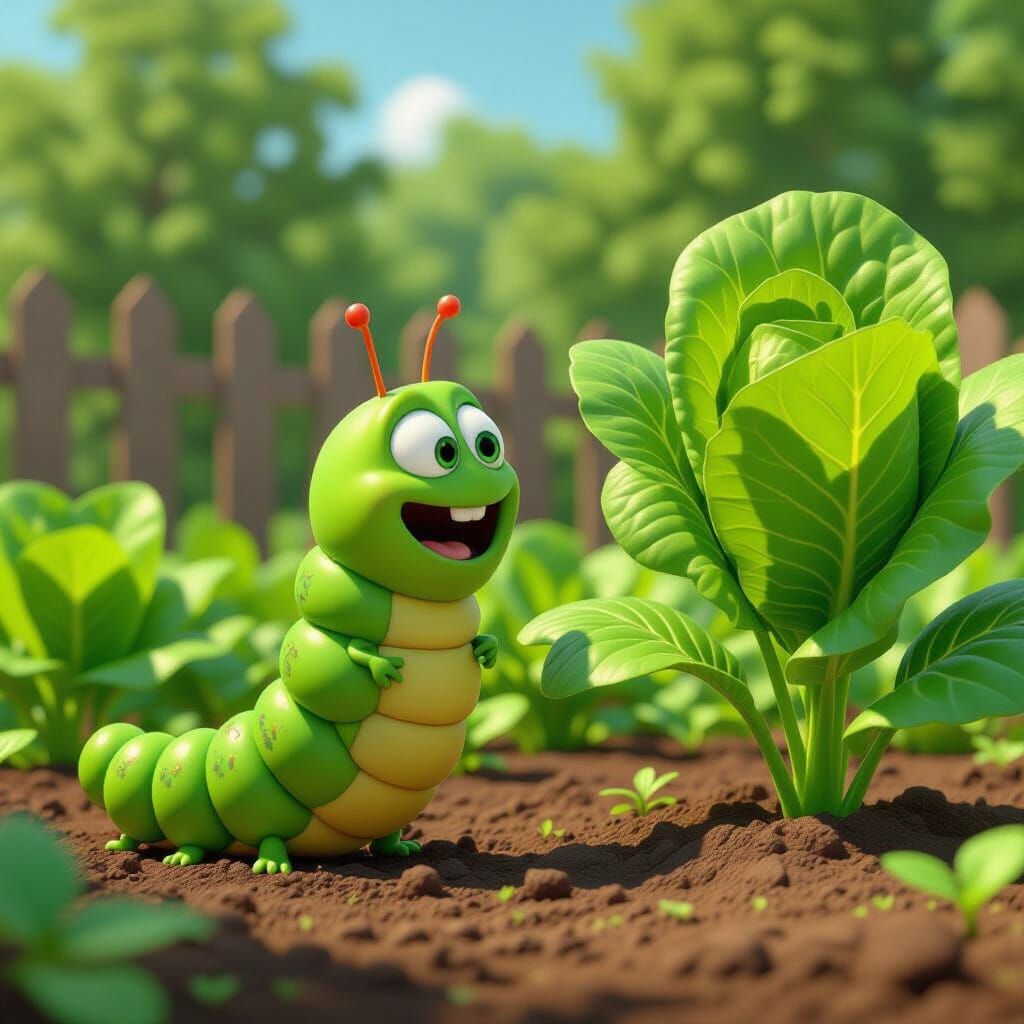Excited Caterpillar in Vegetable Garden: Pixar Style