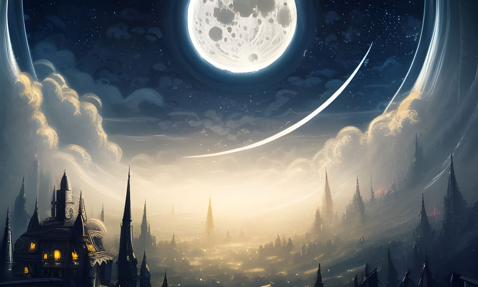 Beautiful fantasy city landscape, Anime sky, full moon