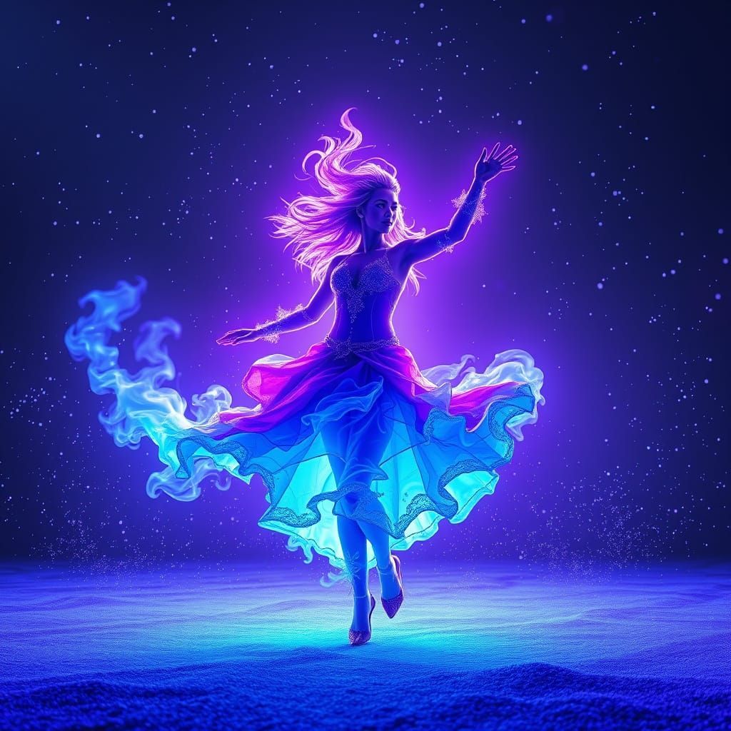 Ethereal Cosmic Goddess in Vibrant Blue and Purple Flames