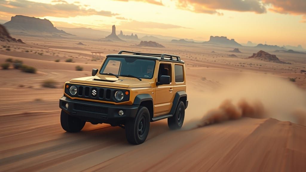 Suzuki Jimny Races Across Desert: Oil Painting