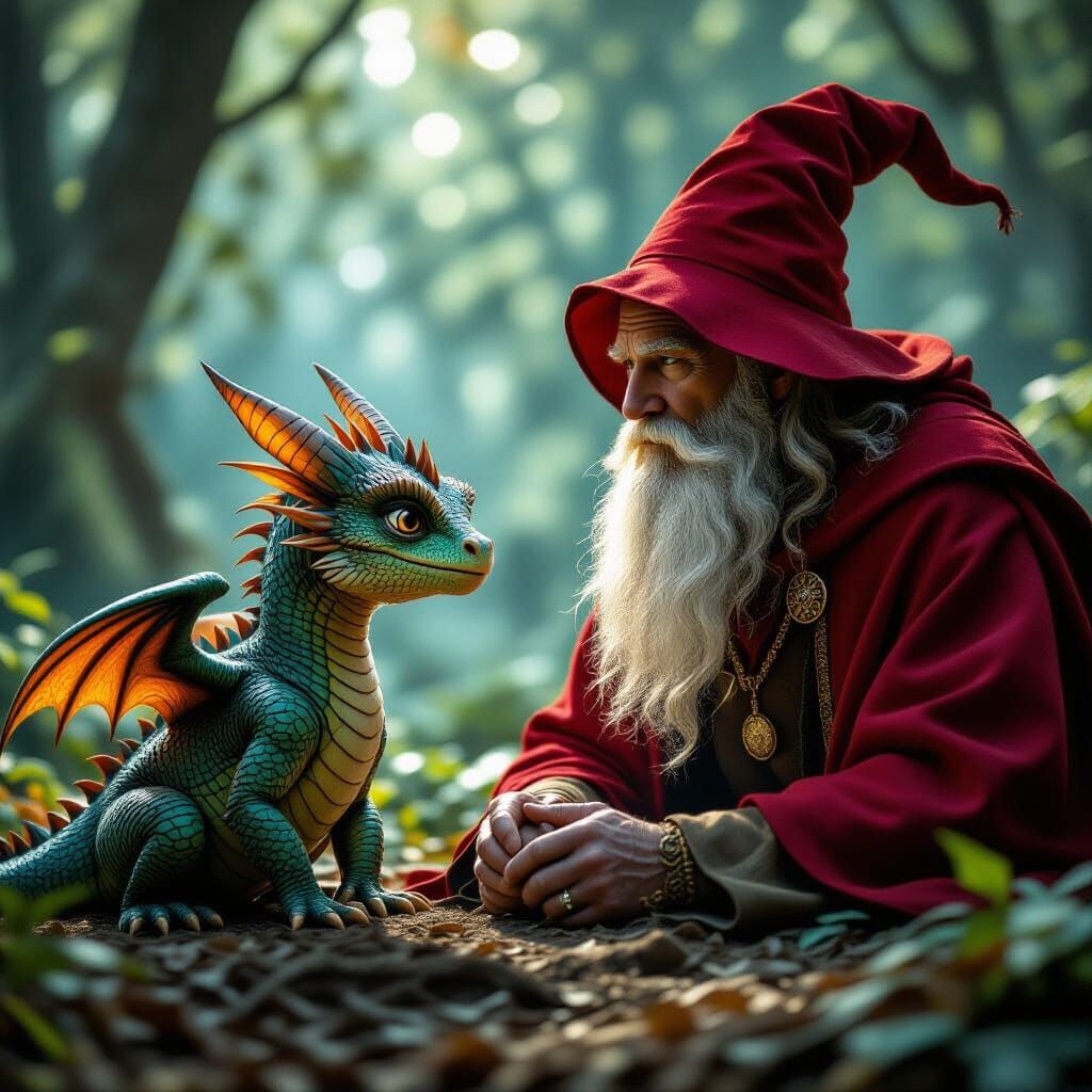 Dragon Hatchlings Meet Wizard in Cinematic Fantasy Scene