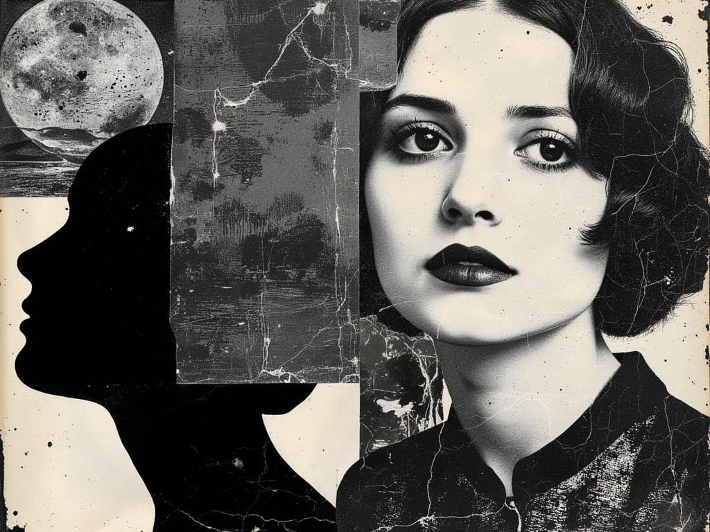 Bohemian Expressionist Collage Portrait with Iridescent Mask...