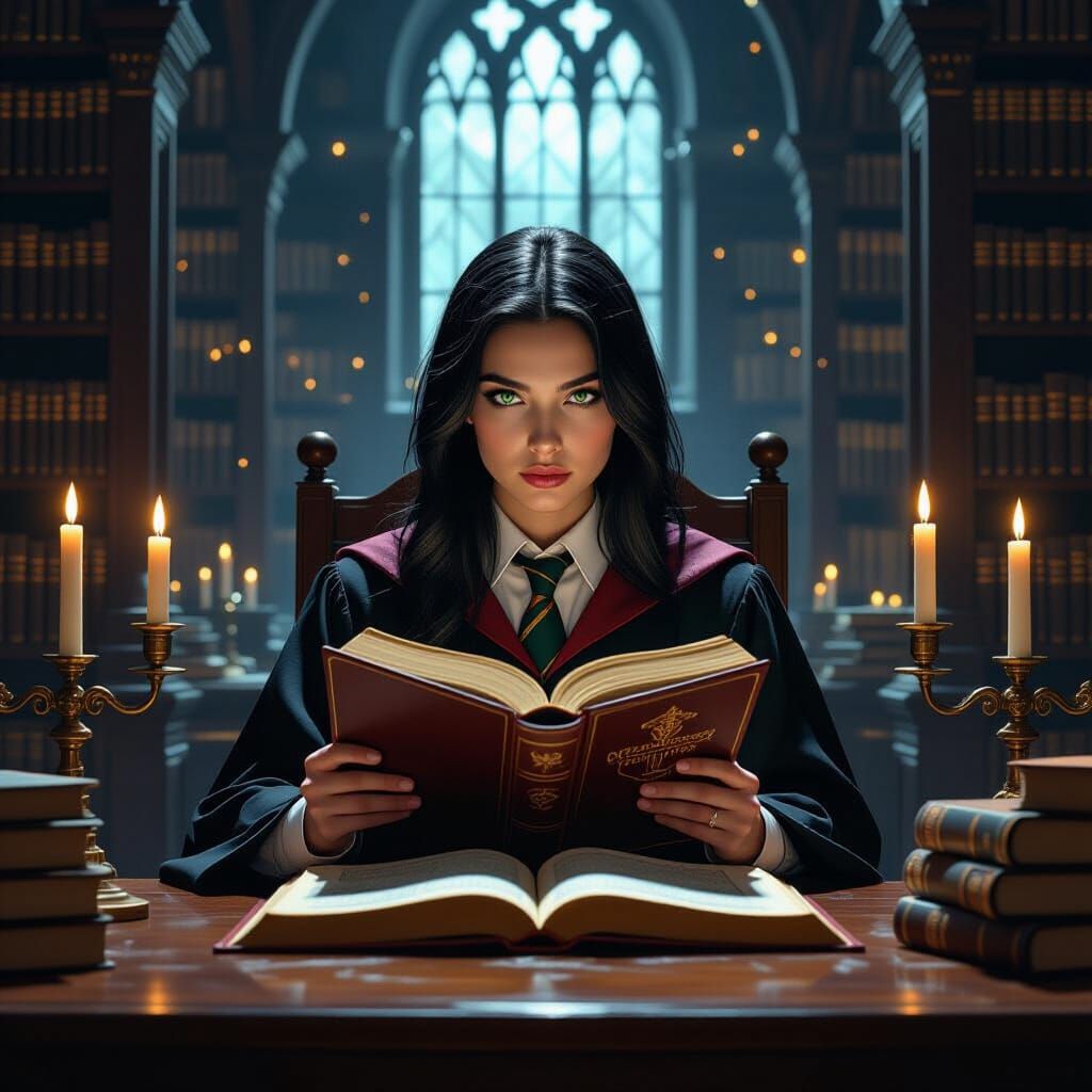 Hogwarts Student Studying in Magical Library