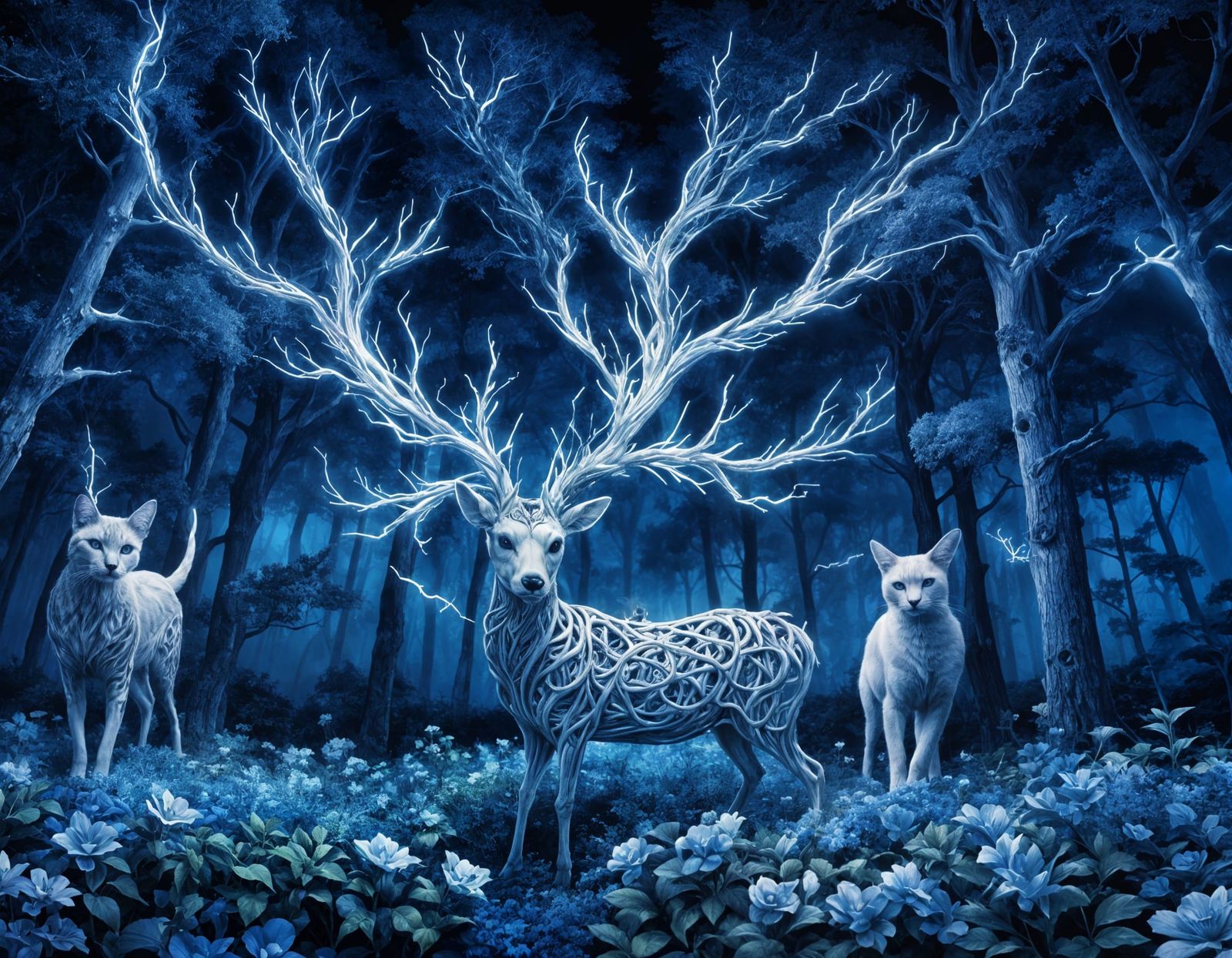 Vibrant Lightning Forest with Yin-Yang Cats and Deer Skull