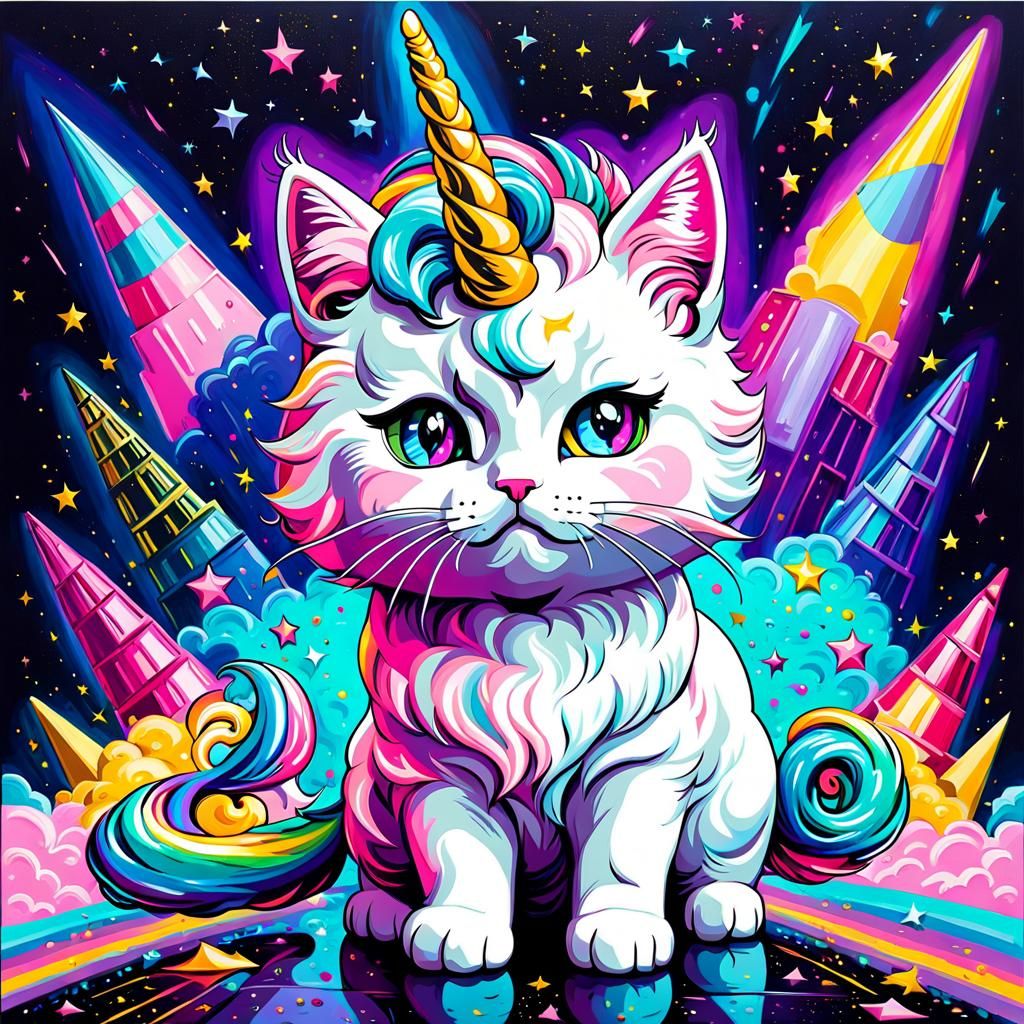 Neon Unicorn Cat at the 80s Mall as Impasto Painting