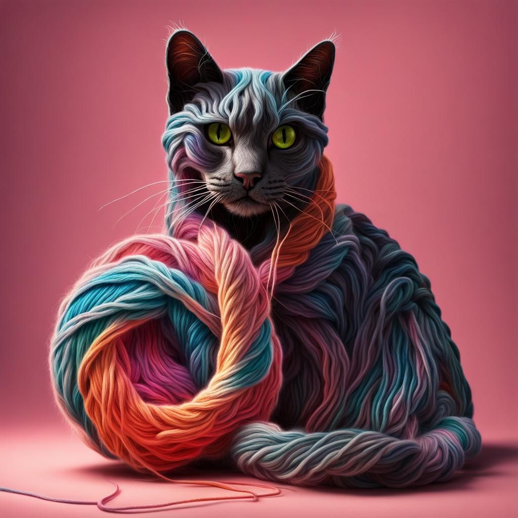 Hyperrealistic Yarn Cat Unraveling: Detailed Concept Art