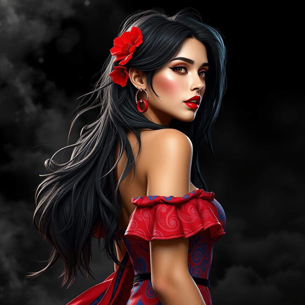 Ethereal Brunette Goddess in Bold Red and Blue Mini Dress