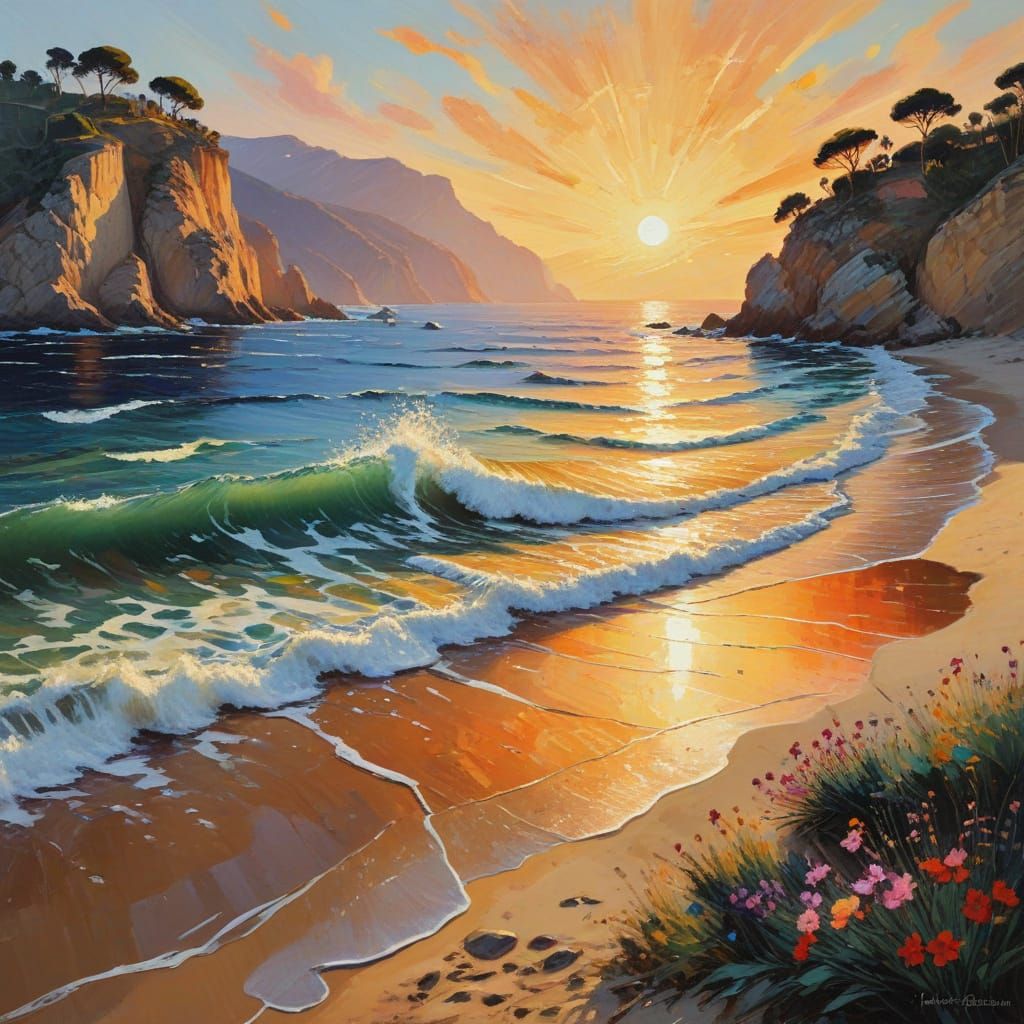 Vibrant Neo-Impressionist Coastal Scene at Sunset