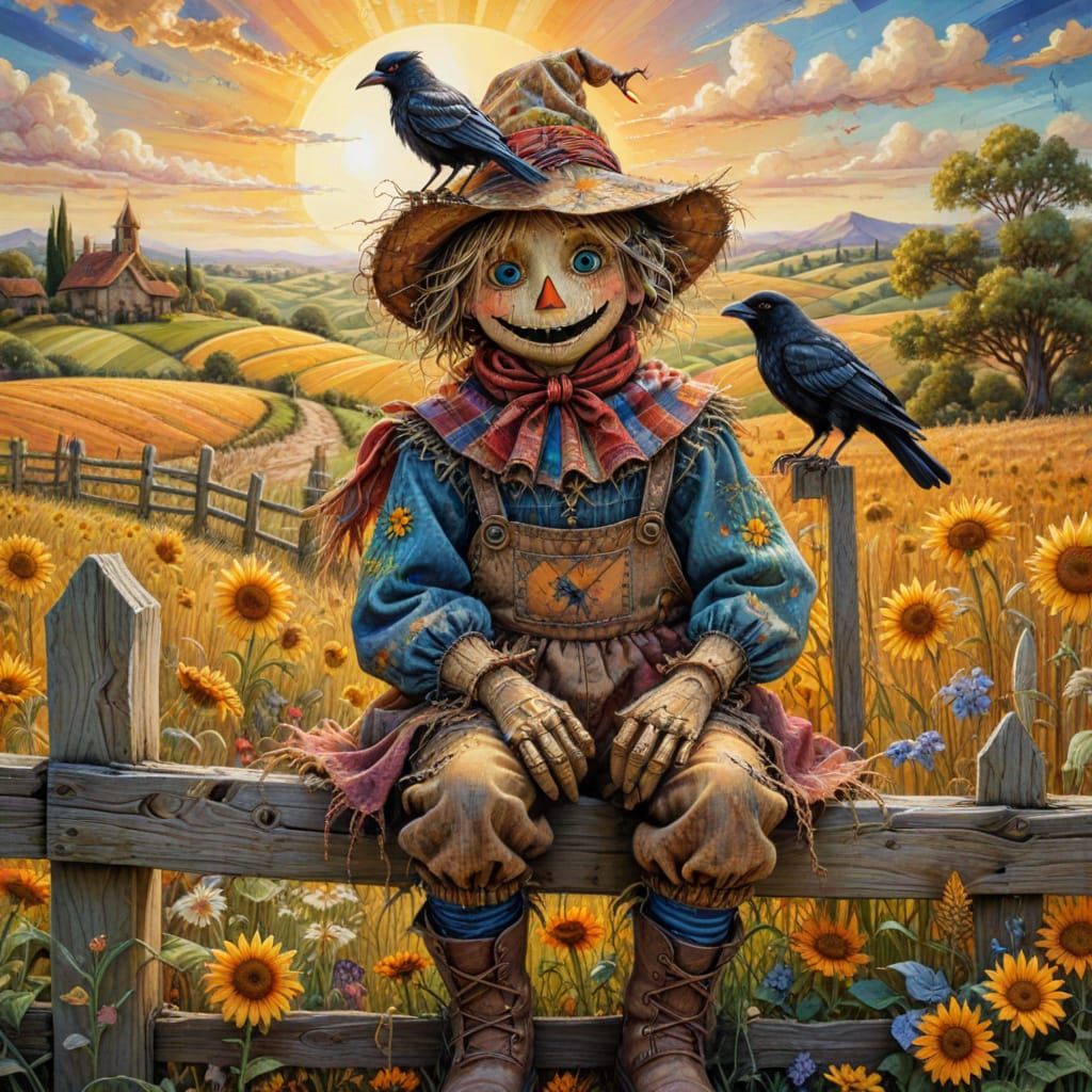Scarecrow and Crow on Fence in Whimsical Cartoon Style