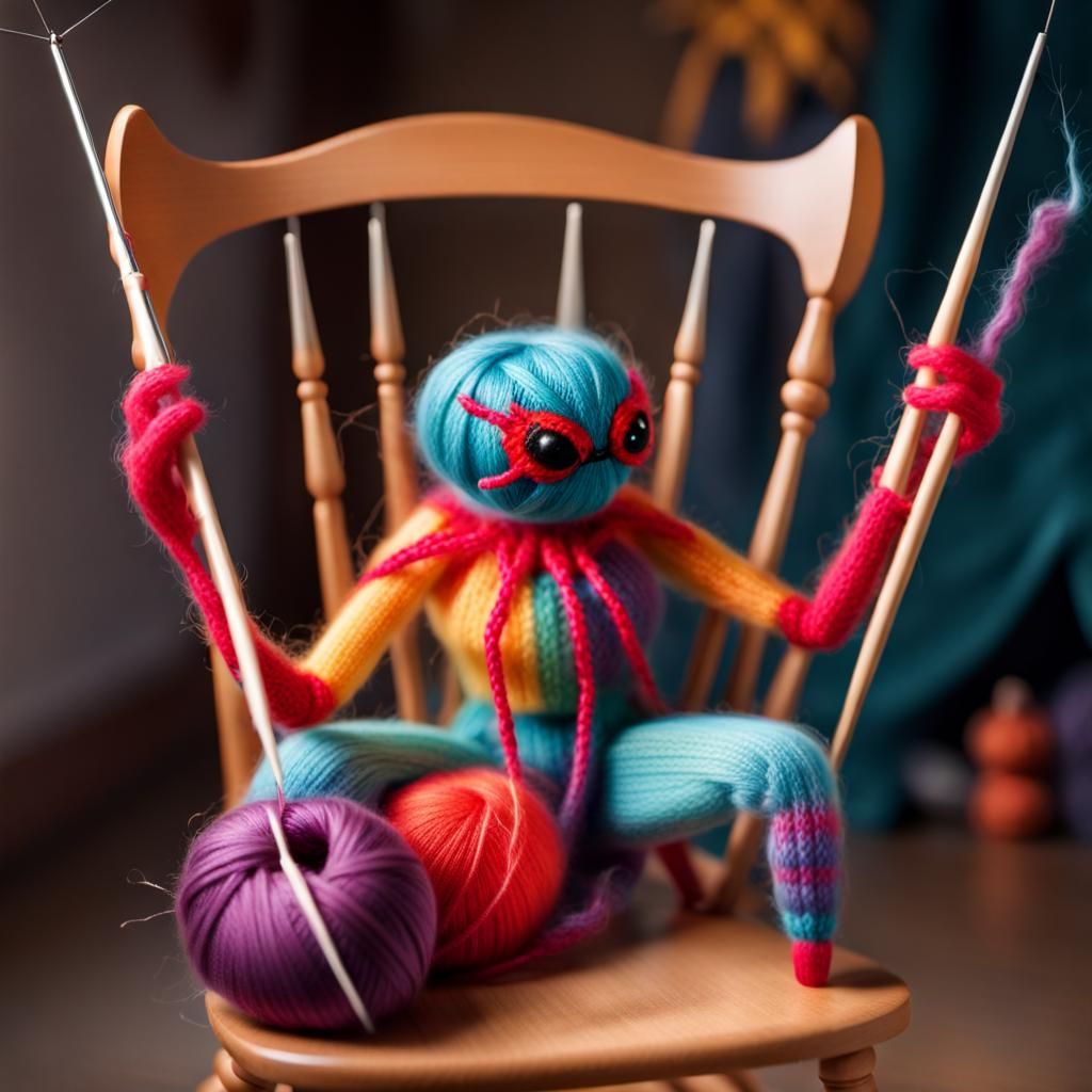 Colorful Spider Knitting a Sweater in a Rocking Chair