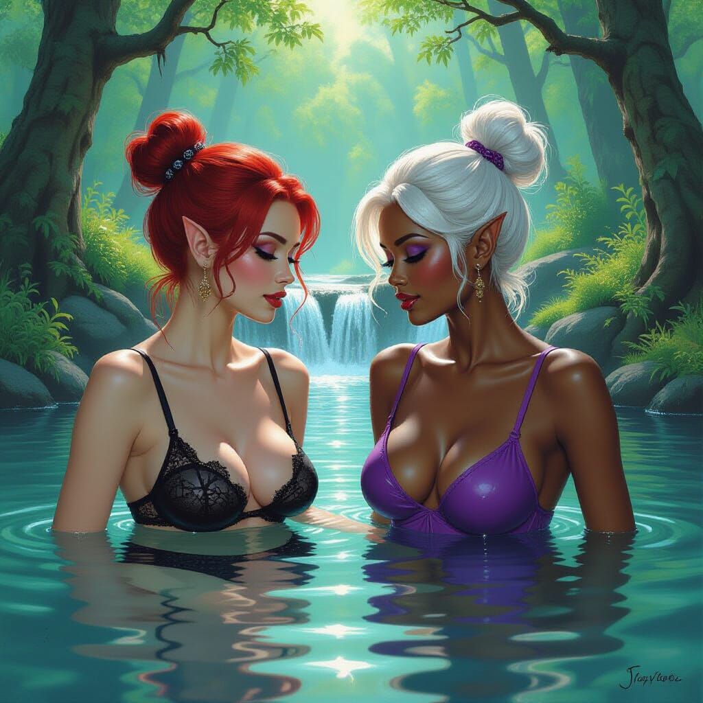 Elves in Forest Pond, in Fantasy Oil Painting Style