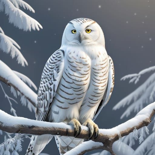 Wise Snowy Owl in Winter Forest, Digital Art