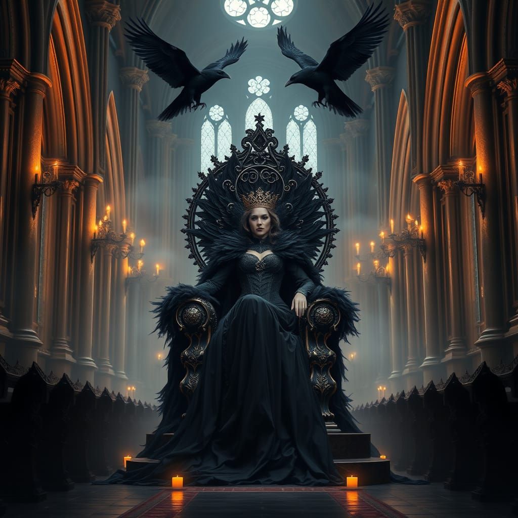 Dark Queen on Raven Throne in Gothic Cathedral