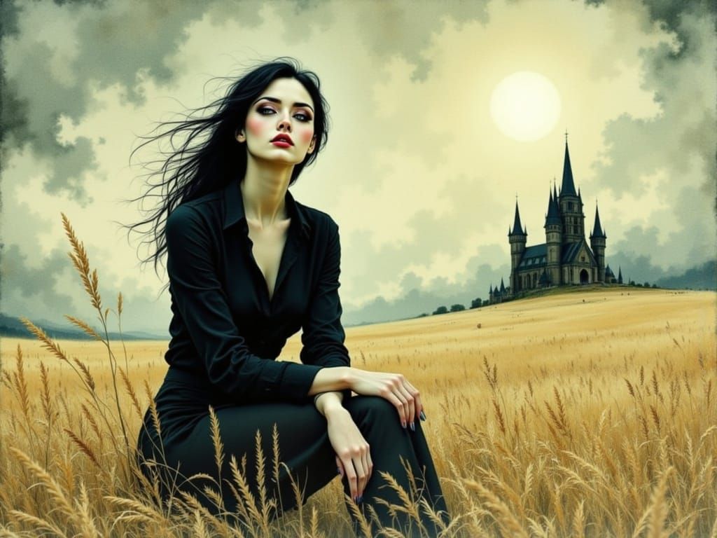 Ethereal Gothic Woman in Watercolor Dreamscape