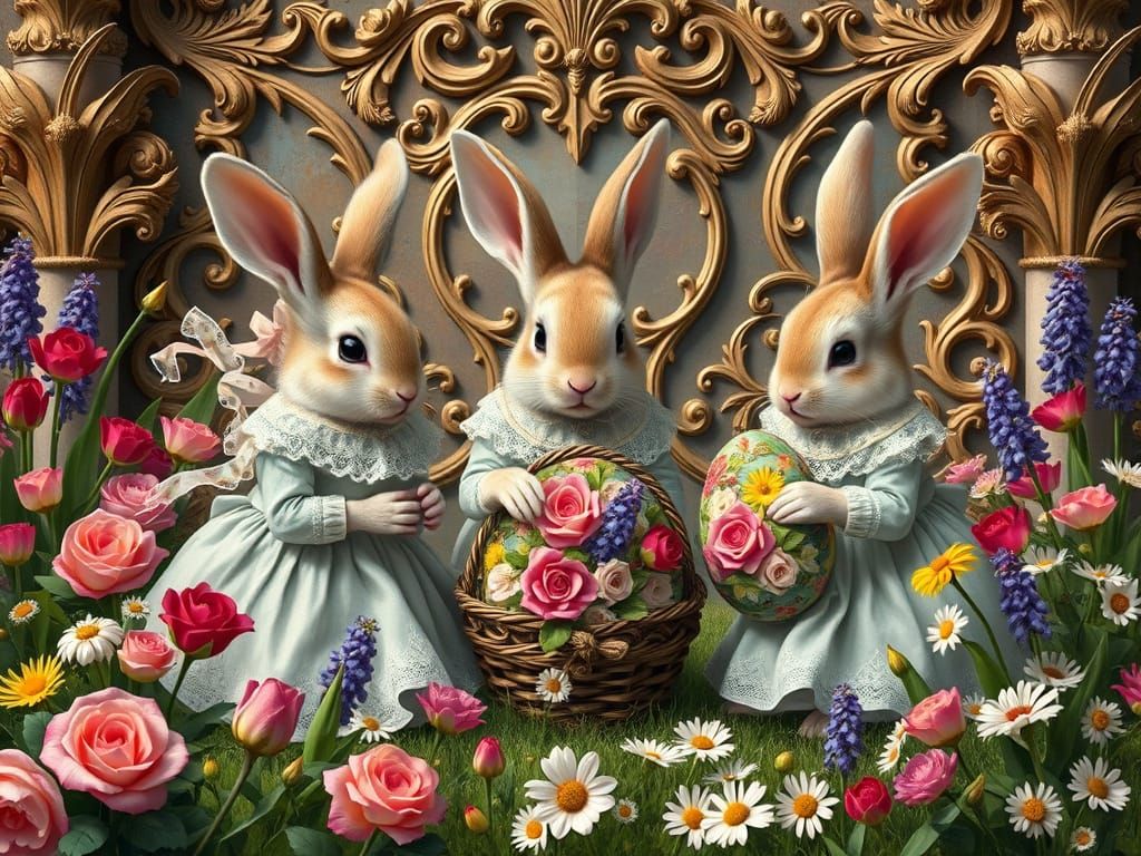 Bunnies in Baroque Garden with Easter Floral Motifs