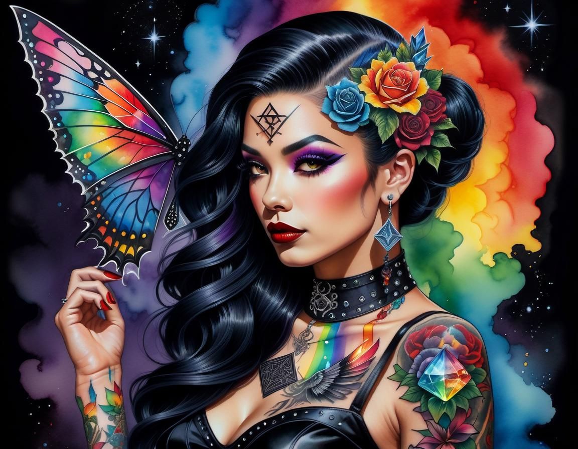 Gothic Latina Pinup with Intricate Rainbow Tattoo