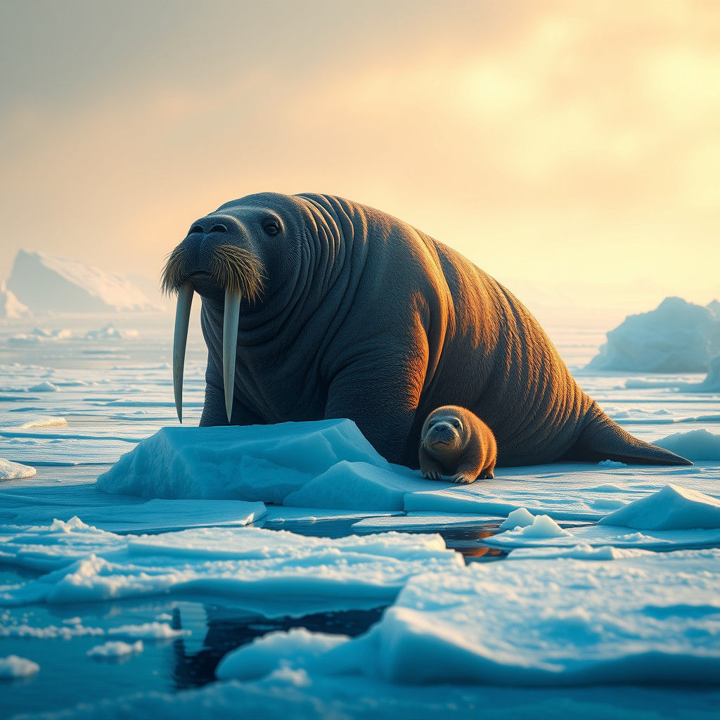 Walrus Family on Arctic Ice in Fantasy Style
