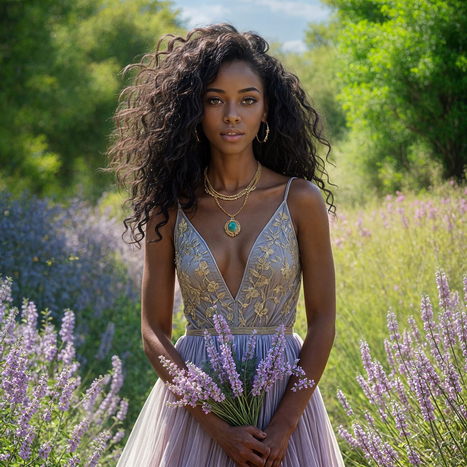 Ethereal Black Goddess in Lavender Attire