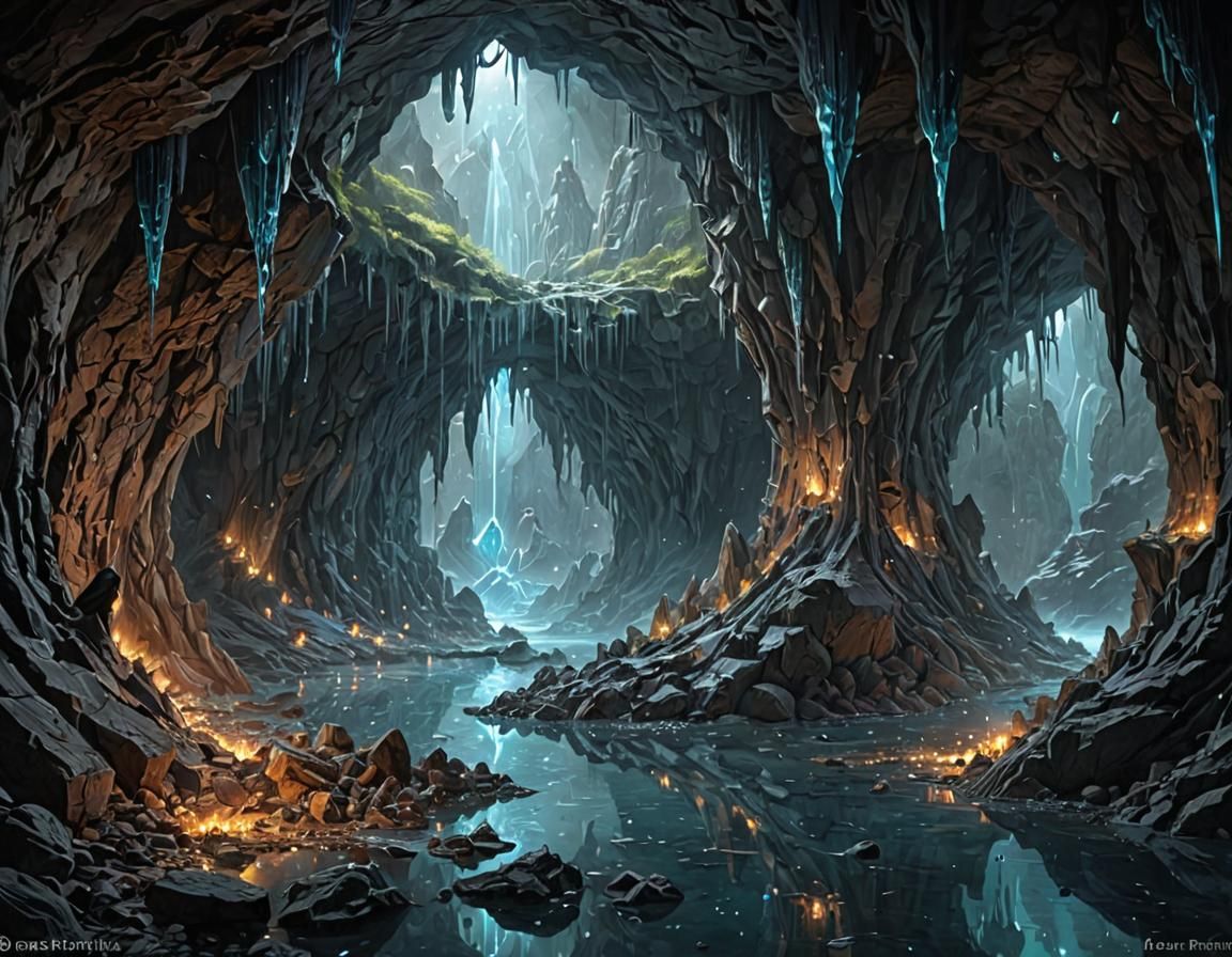 Bioluminescent Crystals in Shimmering Caverns