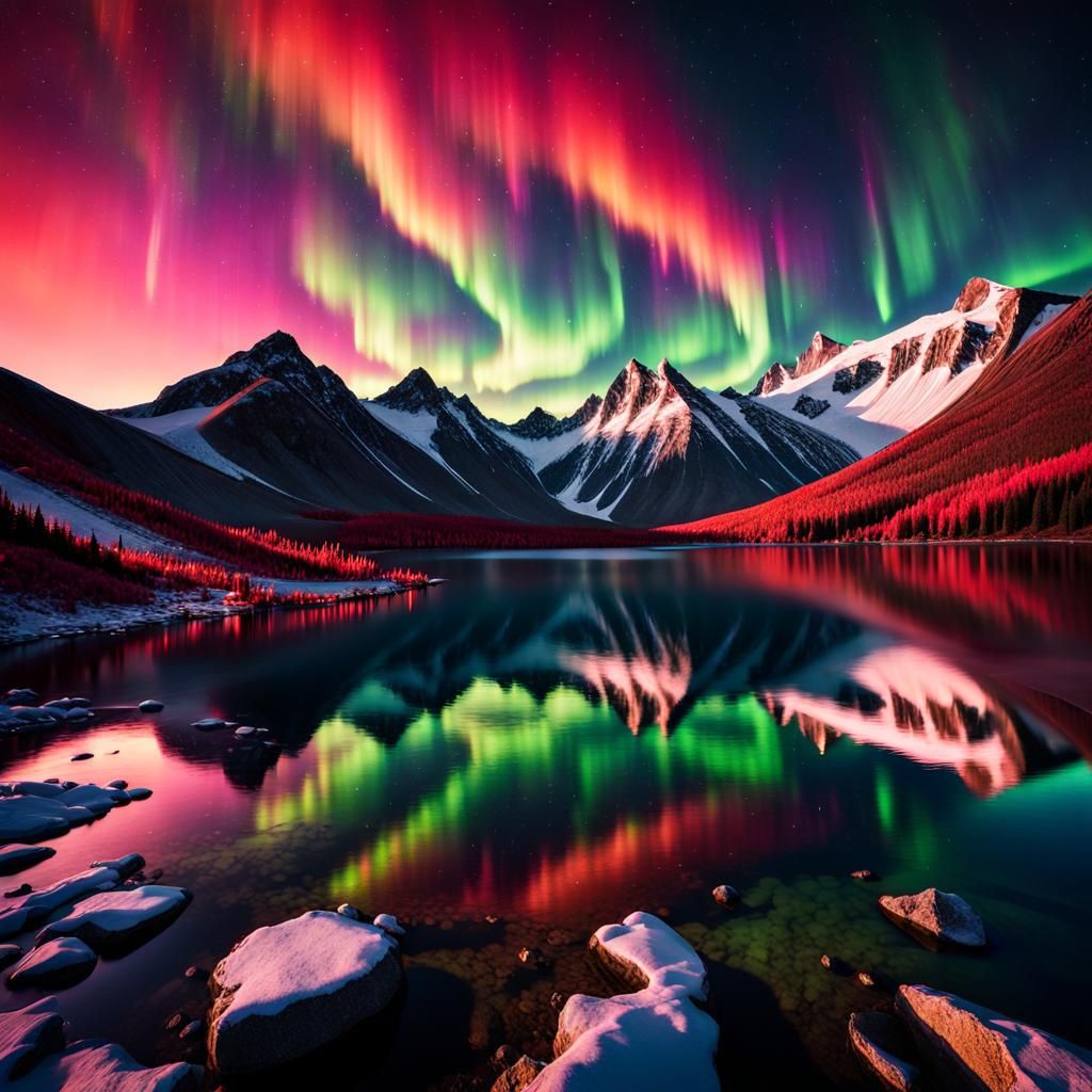 Vibrant Aurora Borealis Over Mountain Lake