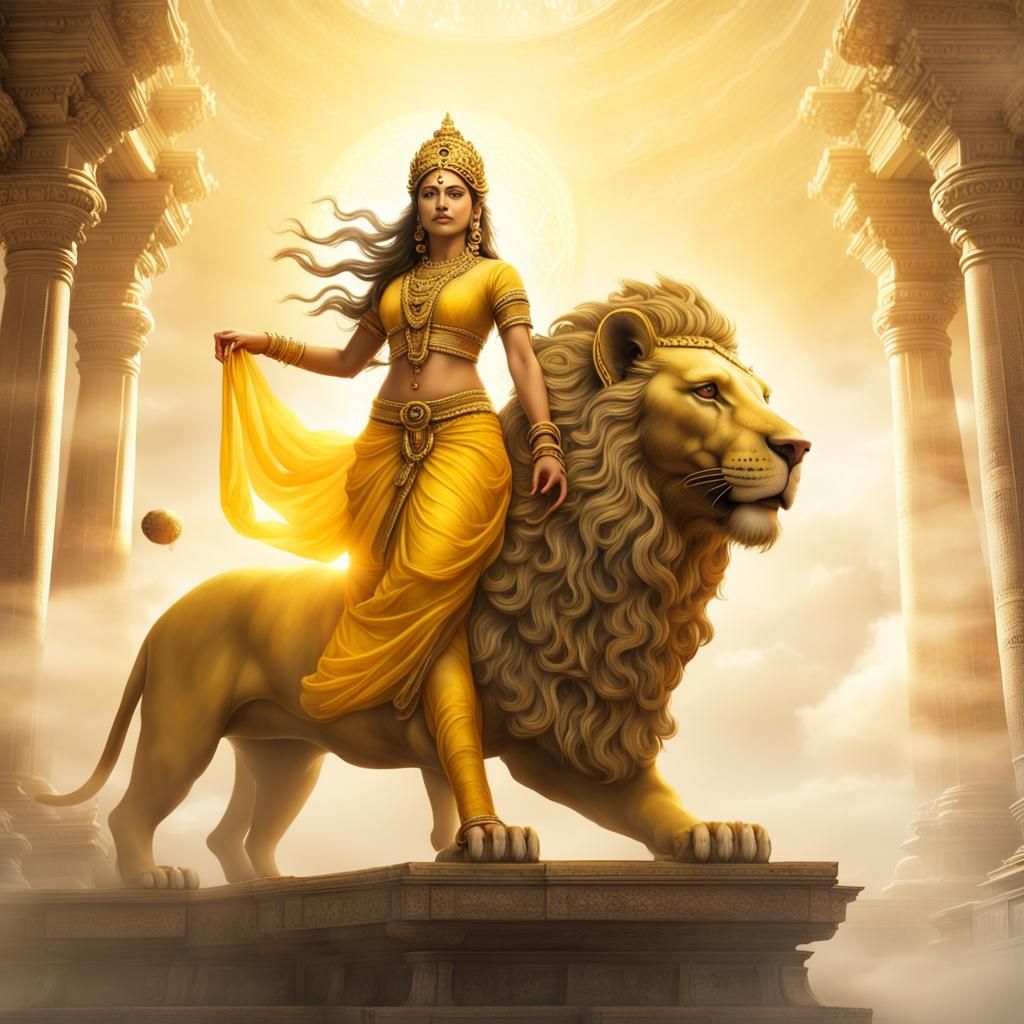 Indian Goddess Riding Lion in Ancient Temple